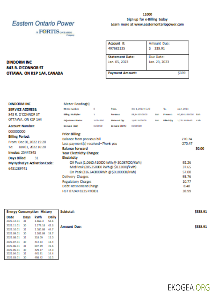 Facture commerciale du service public d’électricité de l’Est de l’Ontario, SCR